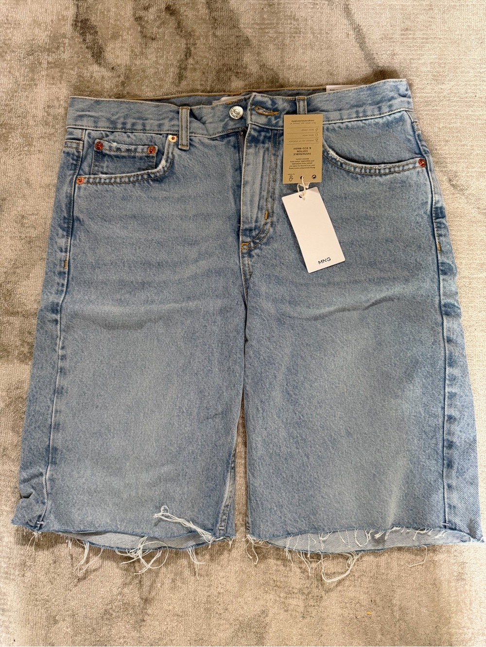 Mango Light Blue Frayed Hem Denim Bermuda Shorts
